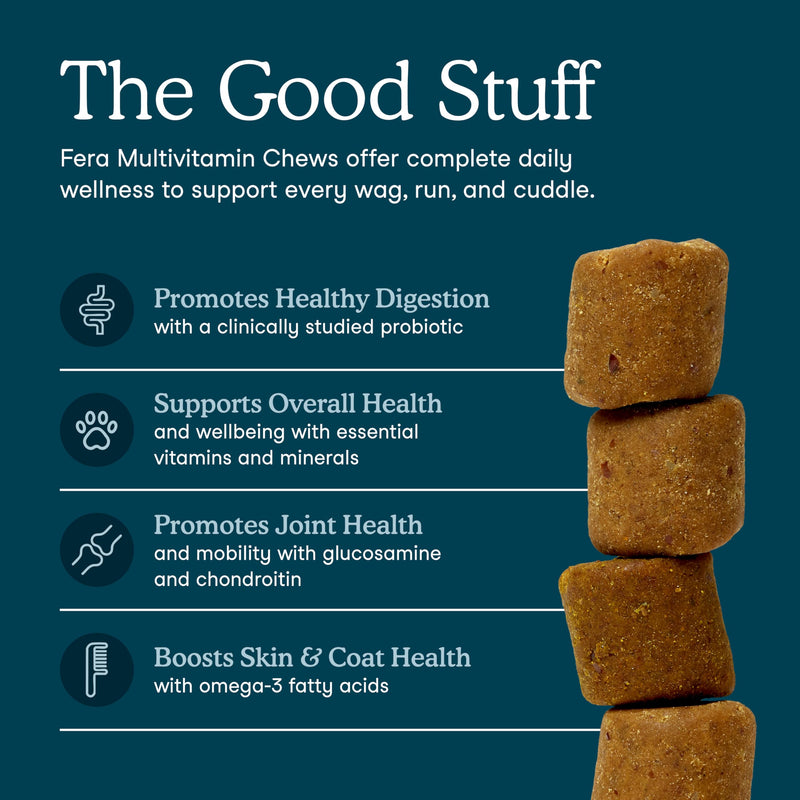 Fera Pets Dog Multivitamin Chews with Glucosamine and Probiotics - Essential Dog Vitamins & Minerals - Promotes Healthy Digestion & Joints - Boosts Skin & Coat Health with Omega-3s - 90 Soft Chews 90 Chews