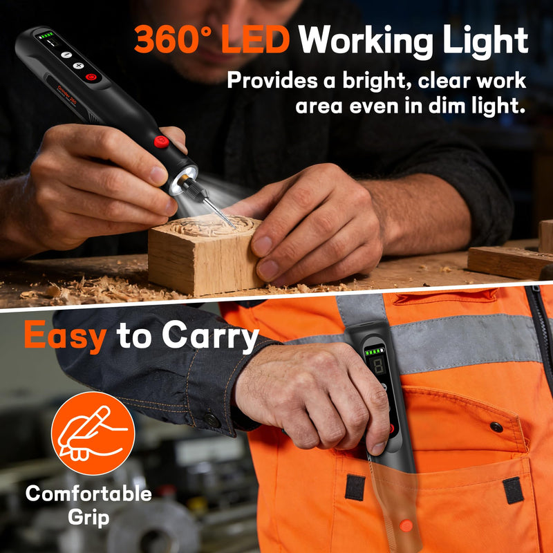 Cordless Rotary Tool Kit 20000RPM, 5-Speed Rechargeable Engraving Pen for Metal, Wood, Glass and Plastic, Power Rotary Tools with 113 Accessories & LED Light, Electric Carving Pen for DIY