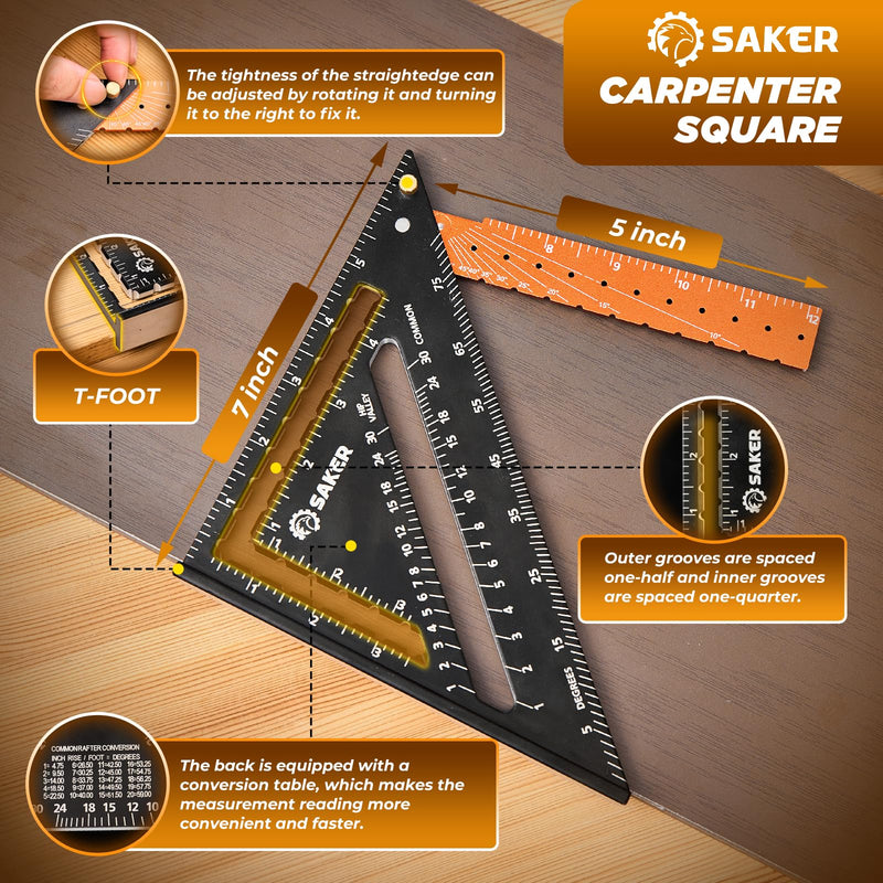 Saker Folding Square 12 inch,T Square Triangle Ruler Measuring Layout Tool,Gift for Men,Multi-Purpose Carpenter Square,Rafter Square Woodworking Tool for Drawing Contour Lines and Angles