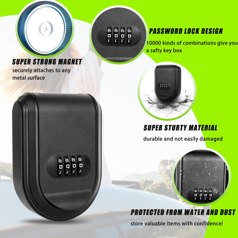 Magnetic Key Box with Combination Lock, 5 Strong Magnets, Black, Stores Spare Keys Indoors and Outdoors, Under Car Key Lock Box A-Black 1 Pcs