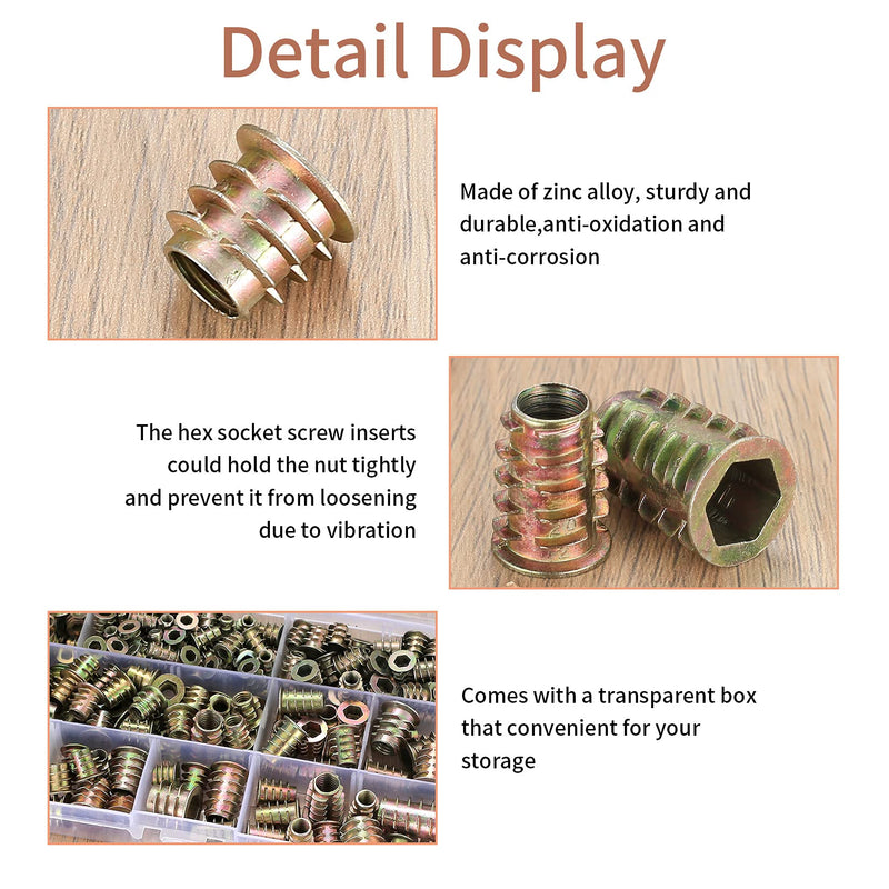 230 Pcs Threaded Inserts Nuts, Threaded Wood Inserts Nuts Assortment Tool Kit, 11 Sizes Metric M4/M5/M6/M8/M10 Hex Socket Drive Furniture Screw in Nuts Wood Inserts Bolts Fastener for Wood