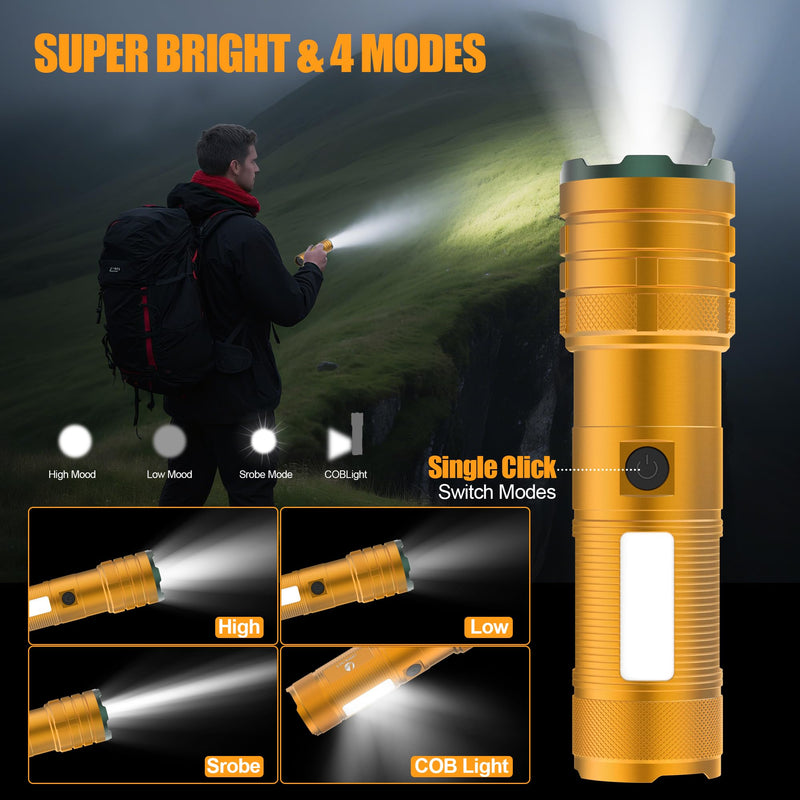 Rechargeable Flashlights High Lumens 100,000 Long Lasting, 4 Modes with Side COB Light, Super Bright LED Flashlight USB C Input & Output, Powerful Strong Flash Light for Hiking Camping 1 Pack