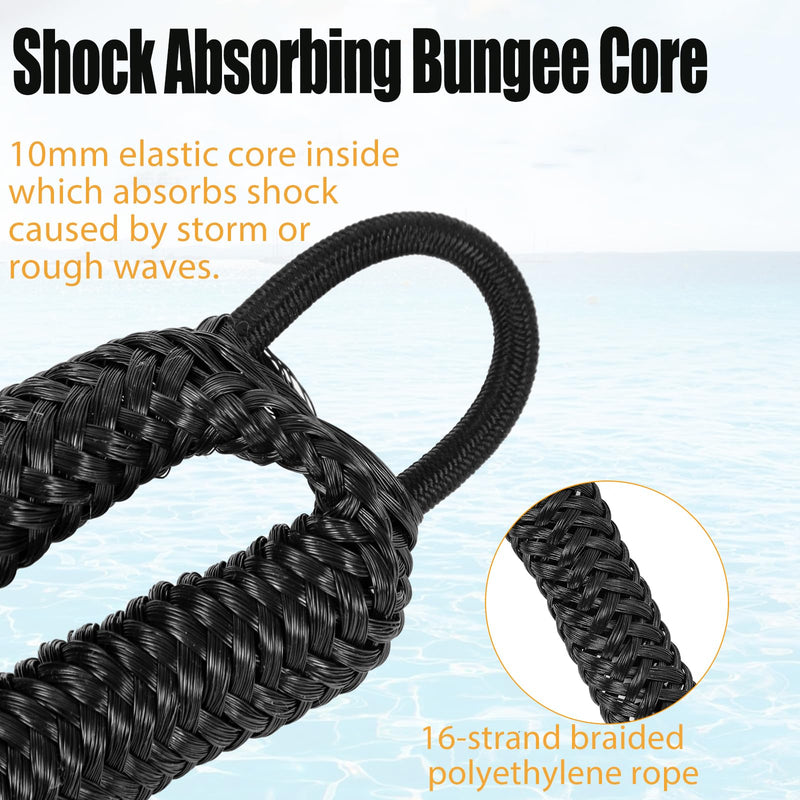 Bungee Dock Lines (3 FT) – Heavy Duty Shock Absorbing Mooring Ropes for Boats, Elastic Boat Tie Downs with 316 Stainless Steel Clip for Pontoon, Kayak, Sea-Doo and More– Marine Grade Boat Accessories Black