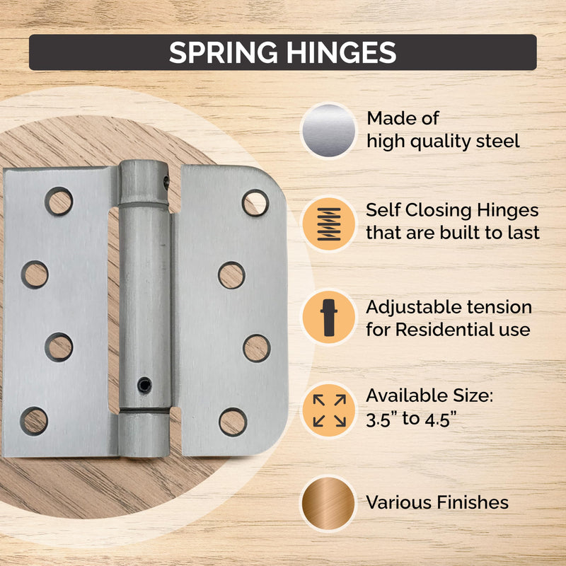 Hinge Outlet Spring Self-Closing Hinges, 4 Inch Square with 5/8 Inch Satin Nickel, 2 Pack, Adjustable Door Closing 4" x 4" with 5/8" Square radius (Pack of 2)