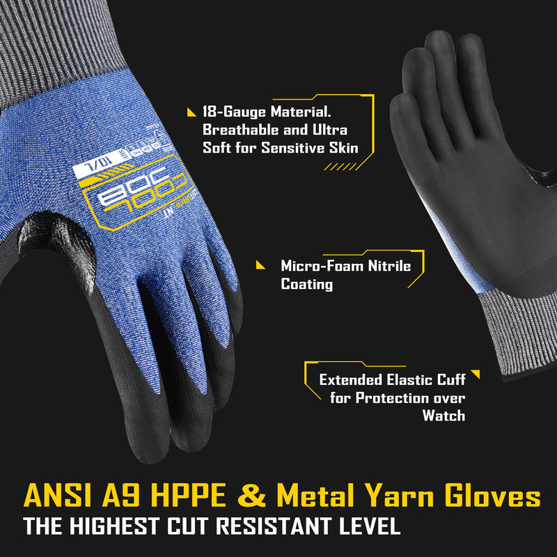 COOLJOB A9 Highest Level Cut Resistant Safety Work Gloves, Reinforced Cut Proof Wood Carving Gloves with Grip, Touchscreen A9 Blue (Pack of 3) Small