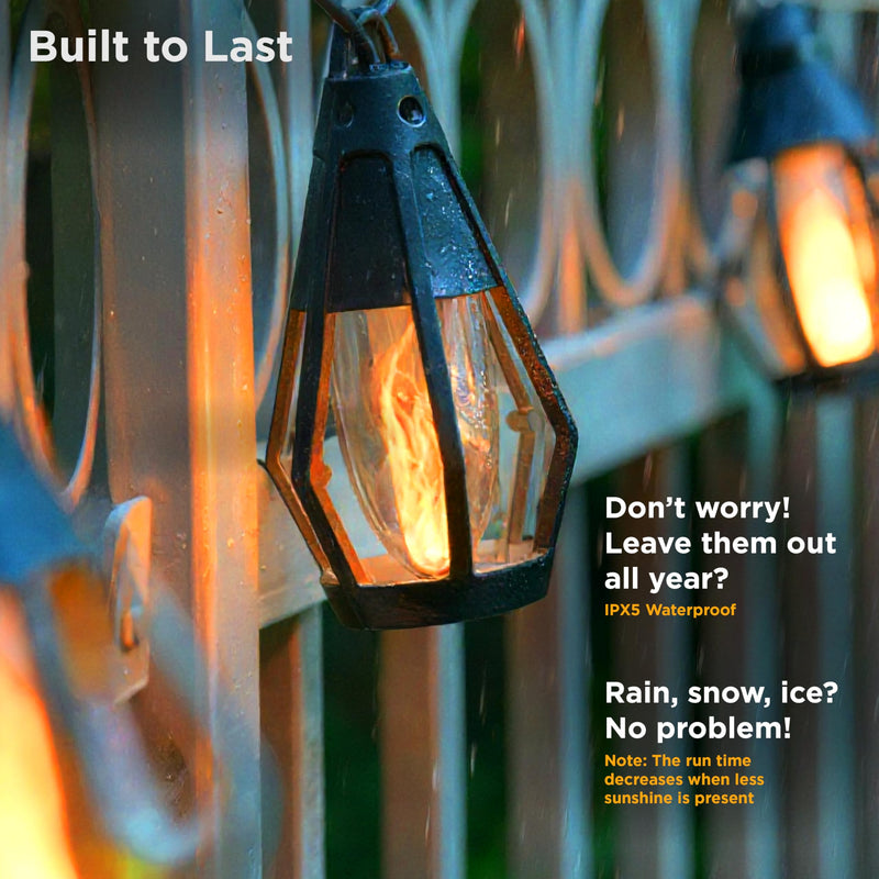 Solar String Lights Outdoor Waterproof - 10 Flickering LED Bulbs with Patented Flame Effect, 21 ft Solar-Powered Solar Hanging Lights Outdoor for Patios, Porches, Fences, Gardens & Decorative Ambiance