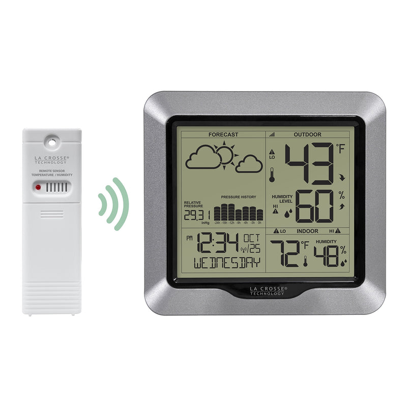 La Crosse Technology Advanced Wireless Weather Station: Dynamic Icons, Barometric Pressure, Atomic Time, Temperature/Humidity Gauge, Recording, Stylish Display, Fast Reception & Long Range (330 Feet) Forecast Station, Silver