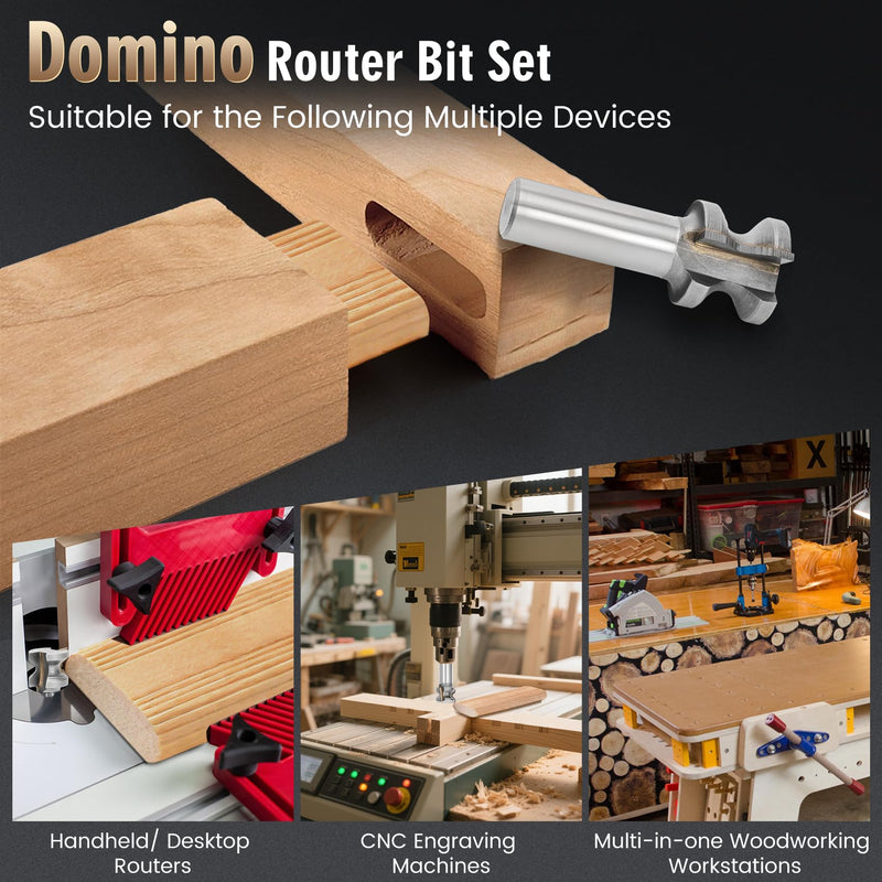 Domino Tenons Router Bits Compatible with DF500/DF700 Domino Tenons - 5mm, 6mm, 8mm, 10mm, 1/2 Shank Router Bits Tool Set with Deep Wave Grooves Suitable for a Variety of Woods