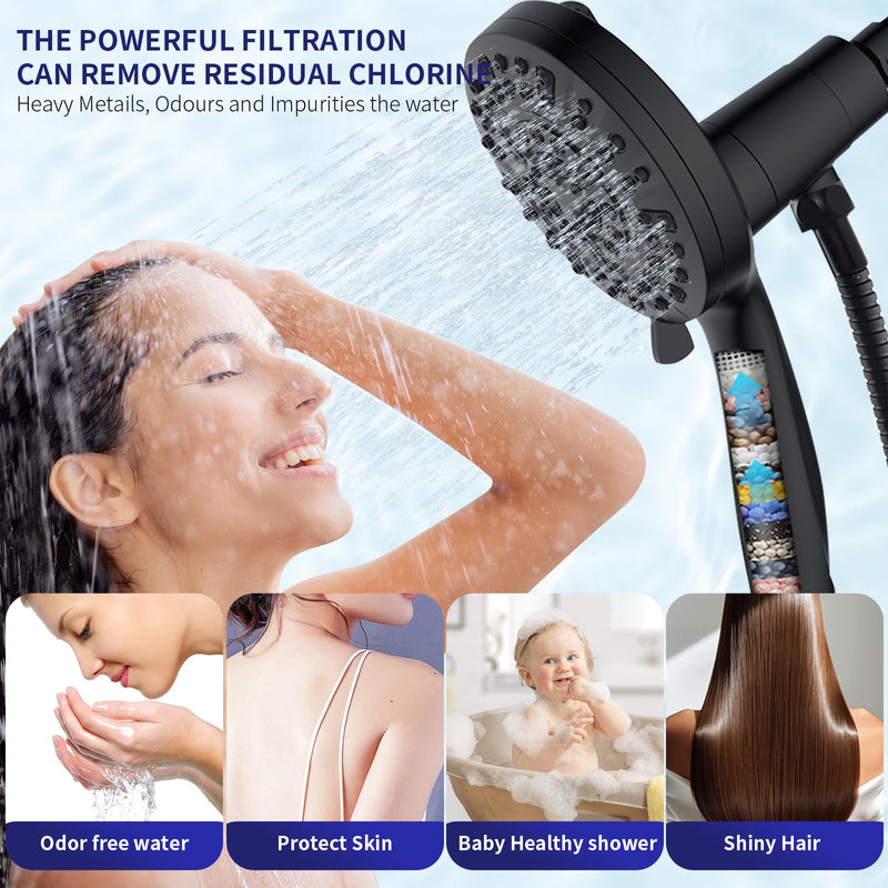 Filtered Shower Head with Handheld - 10 Spray Modes High Pressure Handheld Shower with Filter Spray Combo, Magnetic Shower Heads, With 60-Inch Long Hose（Matte black） Matte Black