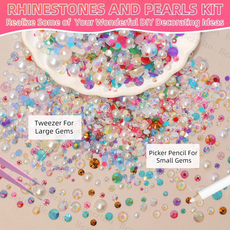 14000Pcs Colorful Jelly Flatback Rhinestones and Pearls for Bedazzling Kit, 2-6mm Resin Gems Bedazzling Rhinestone, 4-10mm Flatback Pearls Gems Rhinestones for Crafting DIY Face Makeup S18
