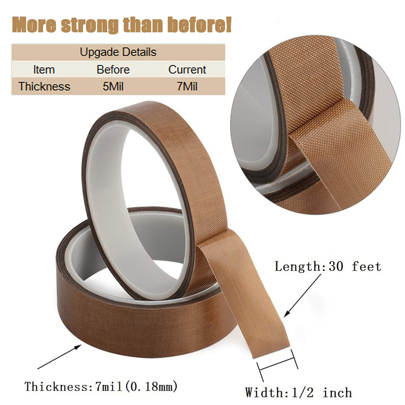 Teflon Fabric Tape, 1/2 Inch 30 Feet PTFE Tape for Vacuum Sealer Machine, Hand Impulse Sealers Insulation PTFE Coated Fiberglass Adhesive Tape Compatible with FoodSaver, Seal A Meal, Weston, Cabella 1/2 IN