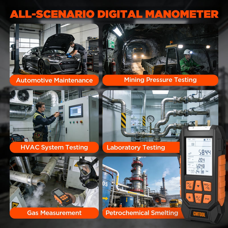 Manometer Gas Pressure Tester, Digital Manometer, -100-200Kpa, 10 Units Differential Pressure Gauge, Max/Min/Data Storage, 2-Port Tester for HVAC/Automotive Brake/Industrial/Lab Calibration (Regular) Regular