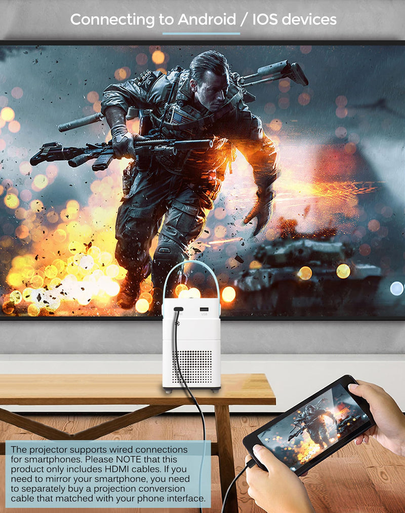 Portable Projector 1080P PHD Home Projector Video 720P Small Projector for TV Stick/Laptops/PC/HDMI/USB