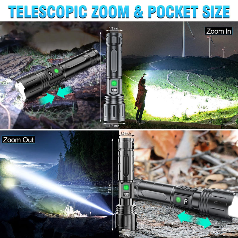Flashlights 20000 High Lumens Rechargeable - 1500 Meters Long Beam Super Bright LED Flash Light with Power Display & IPX5 Waterproof for Camping, 20H Runtime,5 Modes,Zoomable Handheld Flashlight high lumen flashlight
