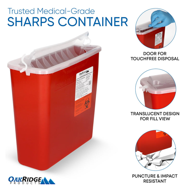 Oakridge Products Sharps Container for Home Use and Professional 5 Quart (1-Pack), Biohazard Needle and Syringe Disposal, Horizontal Drop Style Lid with levers, CDC Certified 1