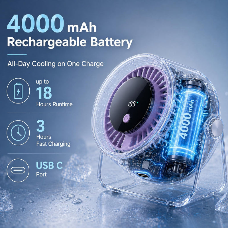 Coolking Small Desk Fan Quiet, 199 Speeds Battery Operated Rechargeable Fan Purple