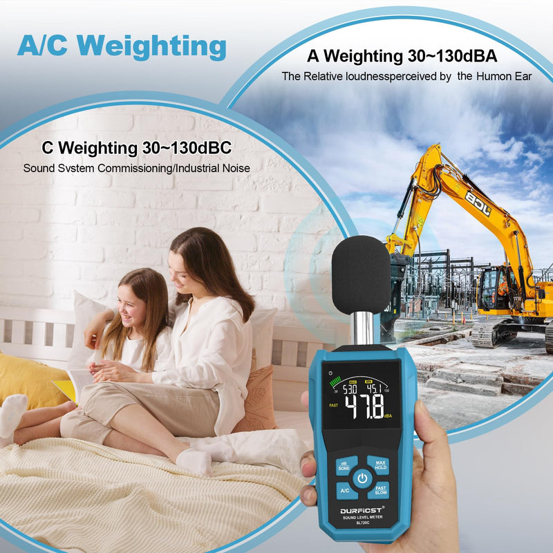 Decibel Meter, DURFICST Sound Level Meter, Portable Level Meter, dB/SONE Units Fast Switching, with LCD Colour Screen, Backlight, A/C Counterweight, Sound meter for home and construction sites