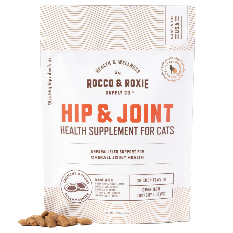 Rocco & Roxie Senior Cat Hip & Joint Supplements - Chicken Flavored Glucosamine Joint Supplement for Cats, Cat Arthritis Pain Relief, with Green Lipped Mussel, Made in USA, Over 300 Crunchy Chews