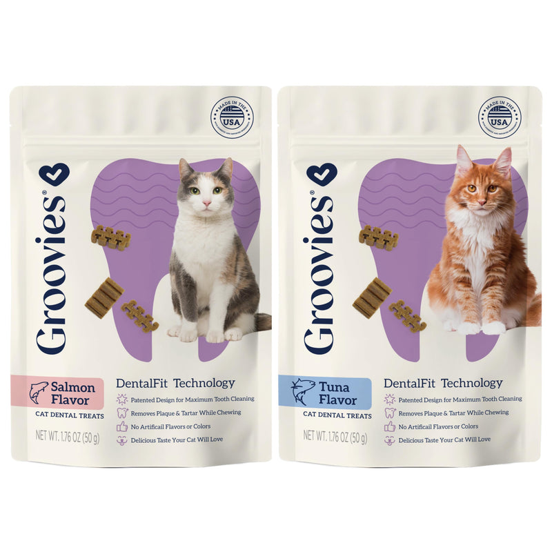 Groovies Cat Daily Dental Treats. Tasty, Crunchy Bites Cats Love. Powered by USA-Patented DentalFit Tech. No Gluten or Artificial Flavors or Colors. 1.76oz Each bag - (2 pack) of (1)Salmon & (1)Tuna Salmon & Tuna 1.76 Ounce (Pack of 2)