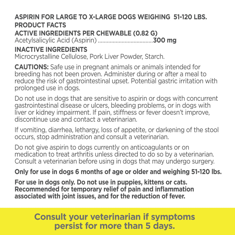 Vetality Canine Aspirin for Dogs | Fast Pain Relief | Large to X-Large Dogs | Liver Flavor | 120 Chewable Tablets No Color