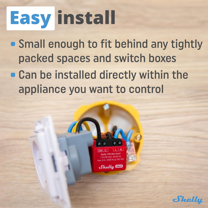 Shelly 1PM Mini Gen3 | WiFi Smart Switch Relay, 1 Channel 8A with Power Measurement | Home Automation | Bluetooth Gateway | Compatible with Alexa & Google Home | iOS Android App | No Hub Required