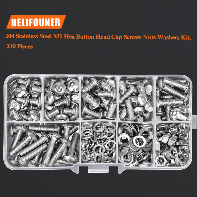 210 Pieces M5 x 6mm /8mm /10mm /12mm /16mm /20mm, Hex Button Head Cap Metric Screws Bolts Washers Nuts Kit, 304 Stainless Steel