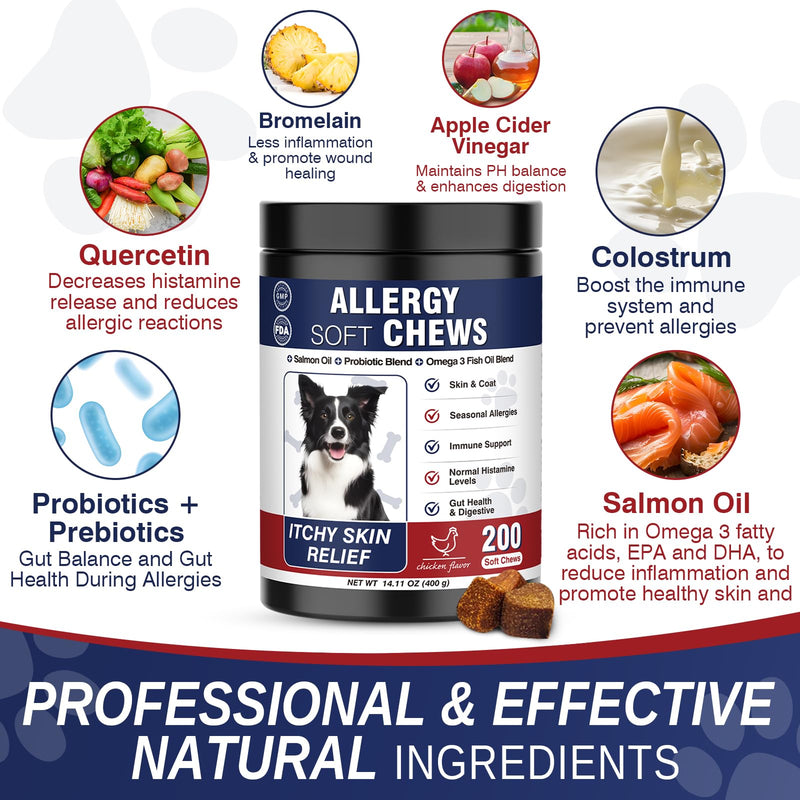 Dog Allergy Chews 200 Soft Treats, for Dogs Seasonal Allergy Relief - Dog Licking Paws Treatment - Anti Itchy Skin- Immune Bites - Probiotic Chew Supplement for Dogs Allergies and Itching Support