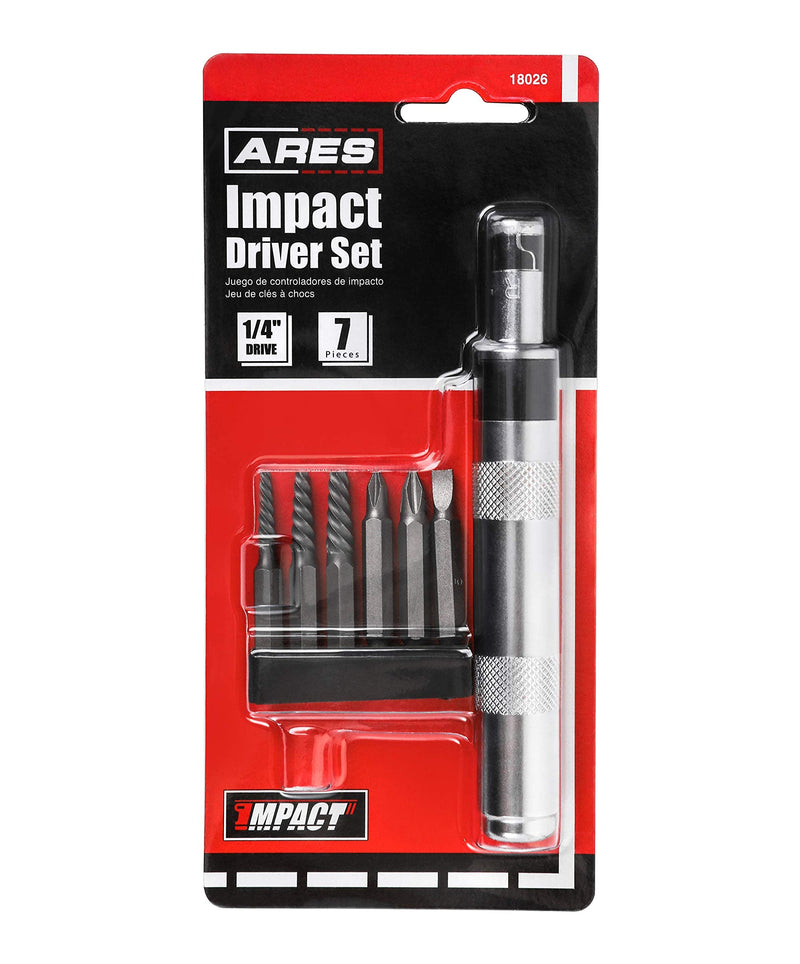 ARES 18026-1/4-Inch Drive Manual Reversible Impact Driver - Includes 6-Piece Flathead, Phillips, and Spiral Screw Extractor Bit Set - Disengage Rusted Fasteners or Frozen Bolts - Compact Design 1/4" Reversible Impact Driver