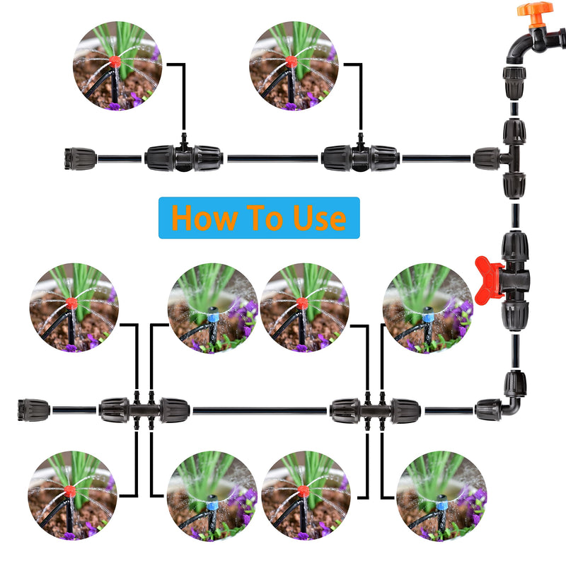 20Pcs Drip Irrigation Fittings Kit Connectors for 1/2 Inch Tubing, PE Tubing Fittings - 2 Switch Valves, 4 Tee, 2 End, 4 1/2" to 1/4" Tee,2 Elbows 2 Thread Adapters,4Pcs 1/2" to 1/4" Six Way 20P-Set