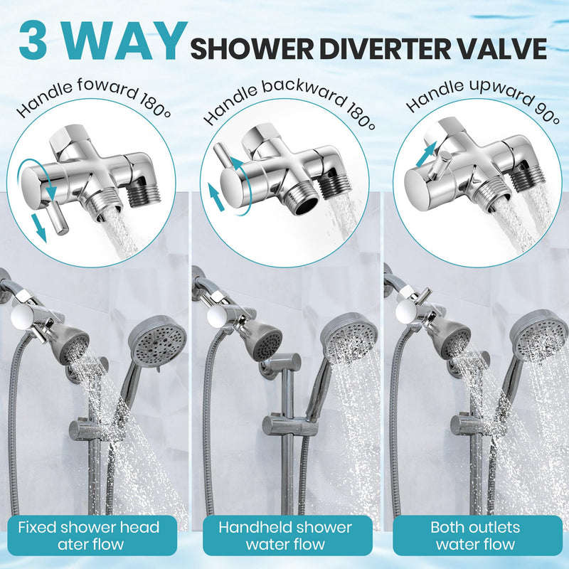 Dreyoo 3 Way Shower Arm Diverter Valve Kit, Solid Brass G1/2 Universal Shower Diverter for Handheld & Fixed Spray Head with 59" Stainless Steel Hose, Bathroom System Component, Plumber Tape, Chrome