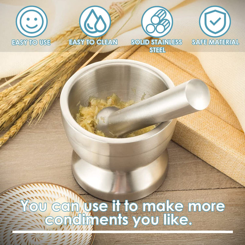 Stainless Steel Mortar and Pestle Set, Spices Grinder Pill Crusher with Silicone Protective Lid - Heavy Duty Mortar Pestle for Molcajete Herb Bowl, Pesto Powder, Spices Herbs Grinder