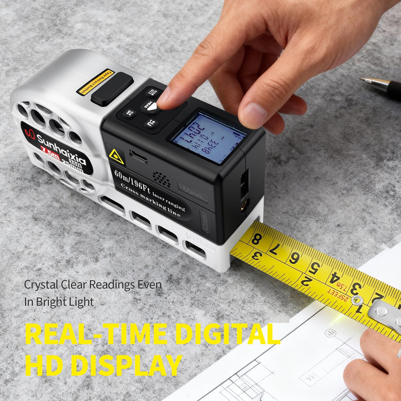 5 in 1 Laser Tape Measure with Level | 196ft/60M Laser Distance Meter Display On Backlit LCD Screen with 16ft/5m AutoLock Measuring Tape | Ft/Inch/Fractions/M/mm (Sliver 5in1 Laser)