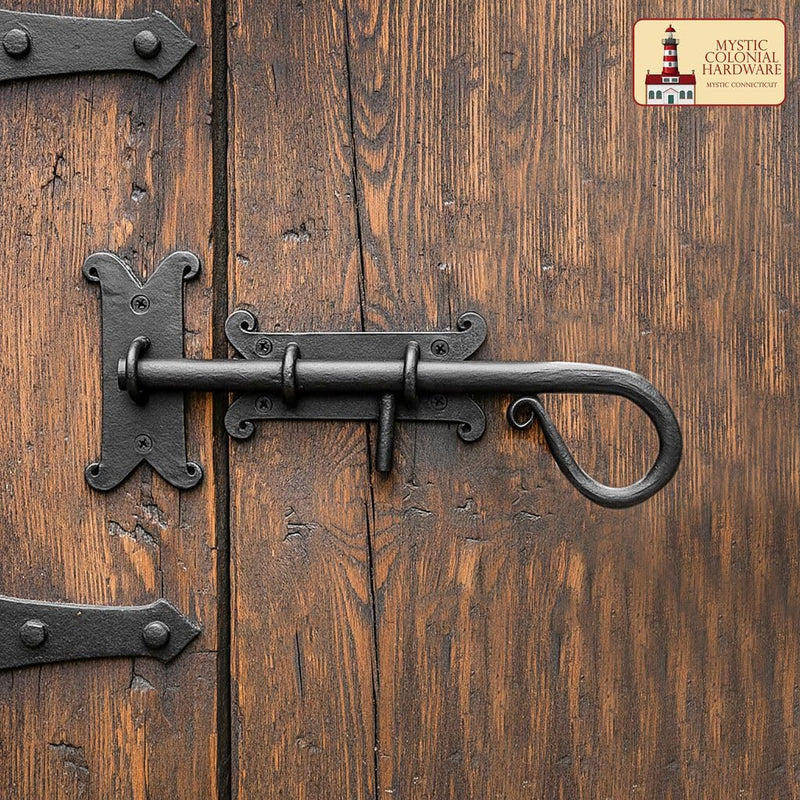 Medieval Hand-Forged Iron Surface Bolt Latch – 1 Pc Flush Mount Sliding Pin Lock | (3 in × 8 in) Rustic Curled Tail Design, Black Finish for Doors, Gates, Cabinets & Shutters 199-8
