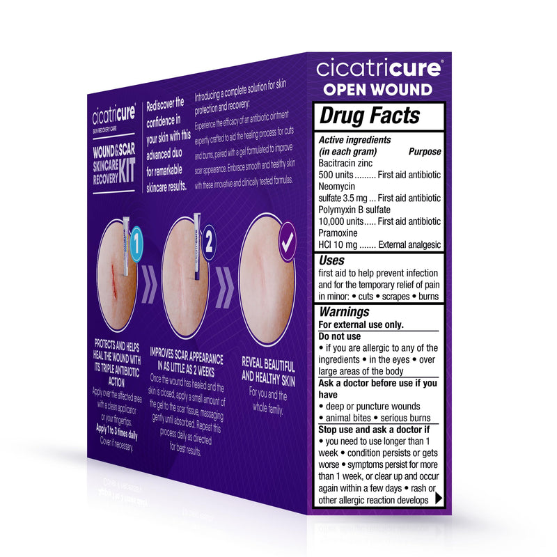 Cicatricure Skin Recovery Kit: Advanced Scar Gel & Open Wound Care Antibiotic Ointment, Reduces Stretch Marks, Surgical & Acne Scars, Treats Cuts & Burns, 1 oz Each - for Adults & Kids