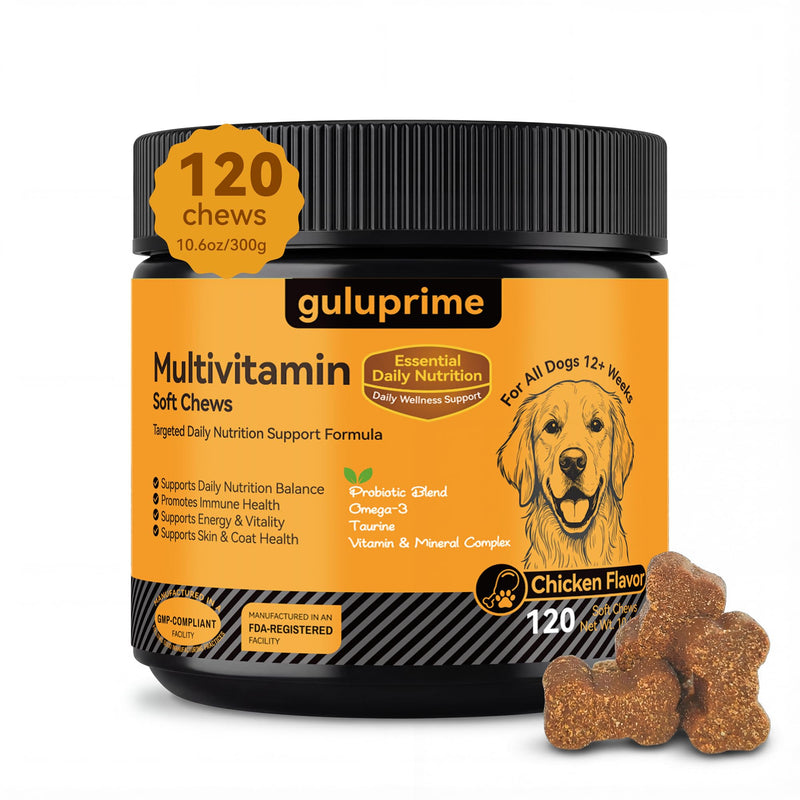 Dog Multivitamin Soft Chews – Daily Dog Vitamins & Supplements for Immunity, Skin & Coat, Digestion & Overall Wellness, Tasty Chewable Vitamins for Dogs, All Breeds & Ages, Chicken Flavor, 120 Chews