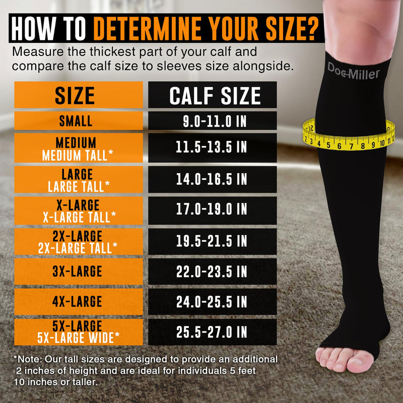 Doc Miller Open Toe Compression Socks, 20-30 mmHg, Toeless, Support Circulation, Shin Splints, Calf Recovery, Post Op, Knee High, Medical Grade, Black Socks, Large Size for Tall Men & Women, Pair Large Tall