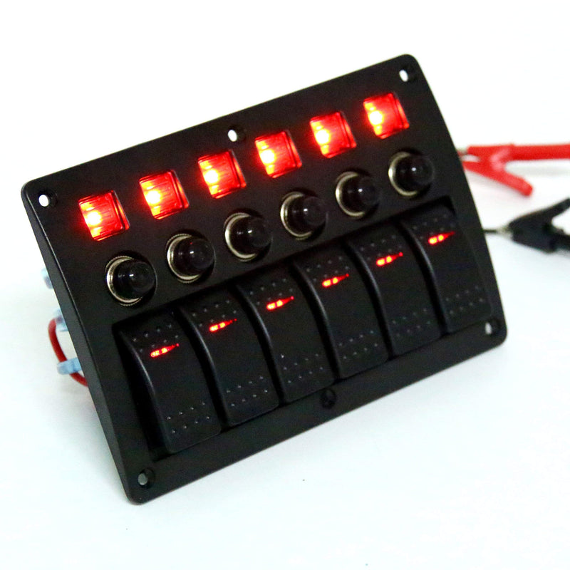 Amarine made 6 Gang Red LED Indicators Rocker & Circuit Breaker Waterproof Marine Boat Rv Switch Panel - PN-CB6-R