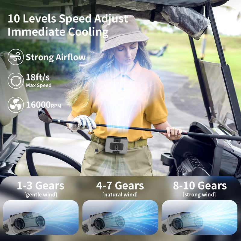 Socool 10000mAh Portable Waist Fan Clip on Wearable Belt Personal Fans Rechargeable Battery Operated, 20H Cooling with 10 Speeds & Dual Motors,Neck Hanging Hands-Free for Outdoor Travel Power Bank Gray