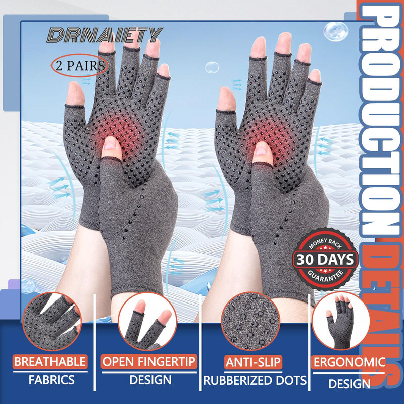 DRNAIETY 2 Pairs Arthritis Gloves, Fingerless Compression Gloves Women& Men, for Hand Arthritis, Carpal Tunnel Pain, Anti-Slip, Kept in Motion(M, Gray) Medium Gray-black