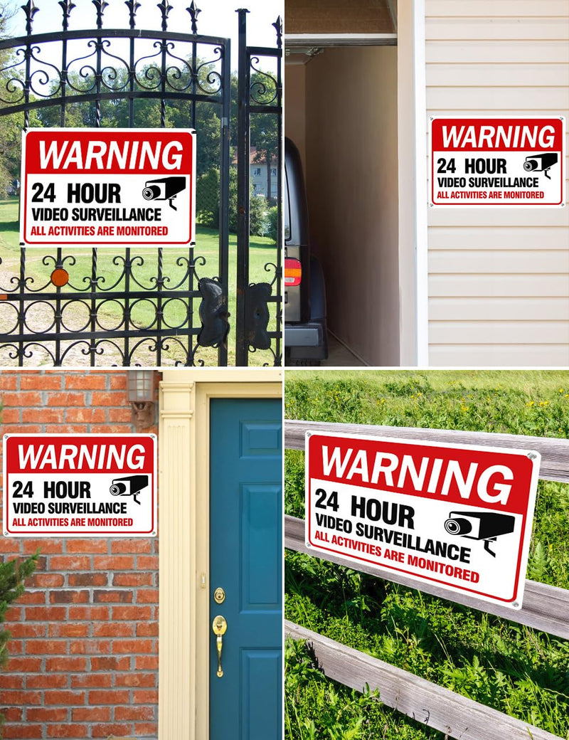 Video Surveillance Sign, 4-Pack 12"x 8" Security Camera Sign, Reflective and Waterproof Material 24 Hour Surveillance Sign For Home/Business sing-02-Red 4 Packs