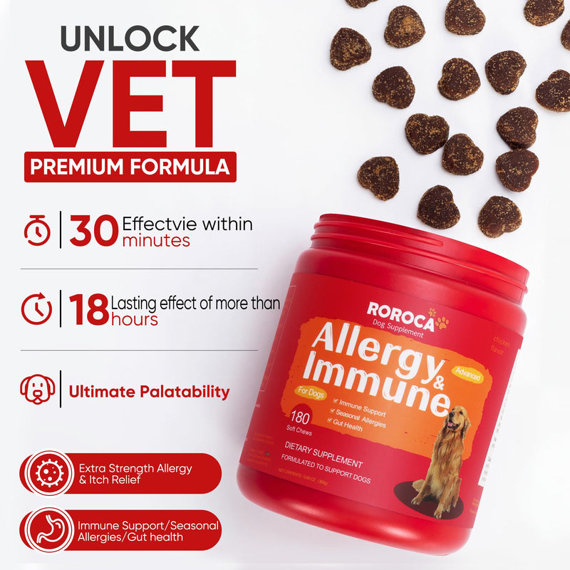 Dog Allergy Relief Chews – Anti Itch & Skin Support for Dogs, Stops Scratching, Paw Licking & Hot Spots, Probiotics for Gut & Immune Health, Chicken Flavor, 180 Soft Chews Light Brown