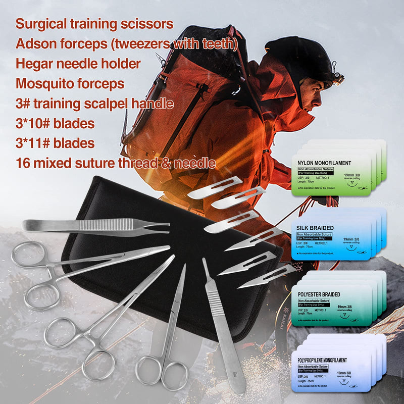 Sterile Suture Thread with Needle and Suture Tools Kit (28 Pieces) for Medical Student Surgical Suture Practice, First Aid Emergency Practice, Camping Hiking Preparedness Training Kit, Military Trauma Practice