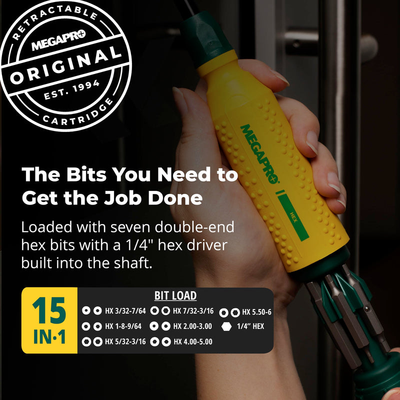 Megapro Hex Screwdriver Set | Furniture Assembly Driver | Multi-Bit Screwdriver with ¼” Hex Shaft | Imperial and Metric Hex Sizes | Allen Key Alternative | Compact Hex Bit Set (15-in-1)