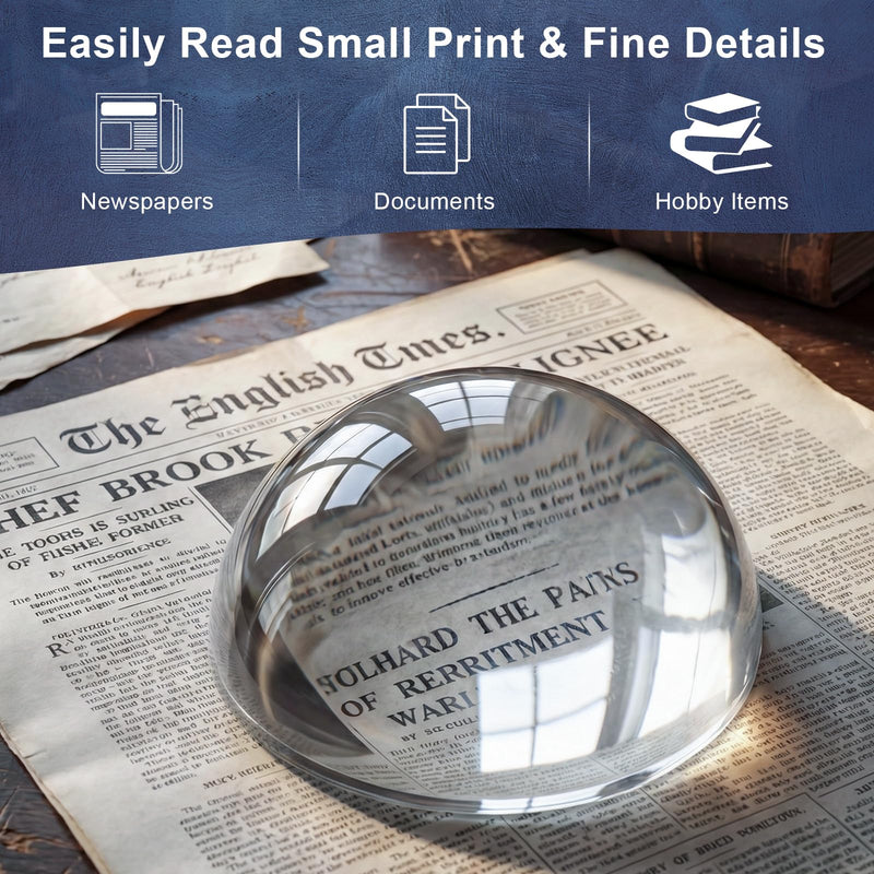 6X Crystal Dome Magnifier Paperweight, 3.8 Inch Large Dome Reading Magnifying Glass with Gift Box, Desktop Paperweight Magnifier for Books, Maps, Documents, Crafts & Seniors (3.8 Inch-Tall Version) 3.8 Inch-Tall Version