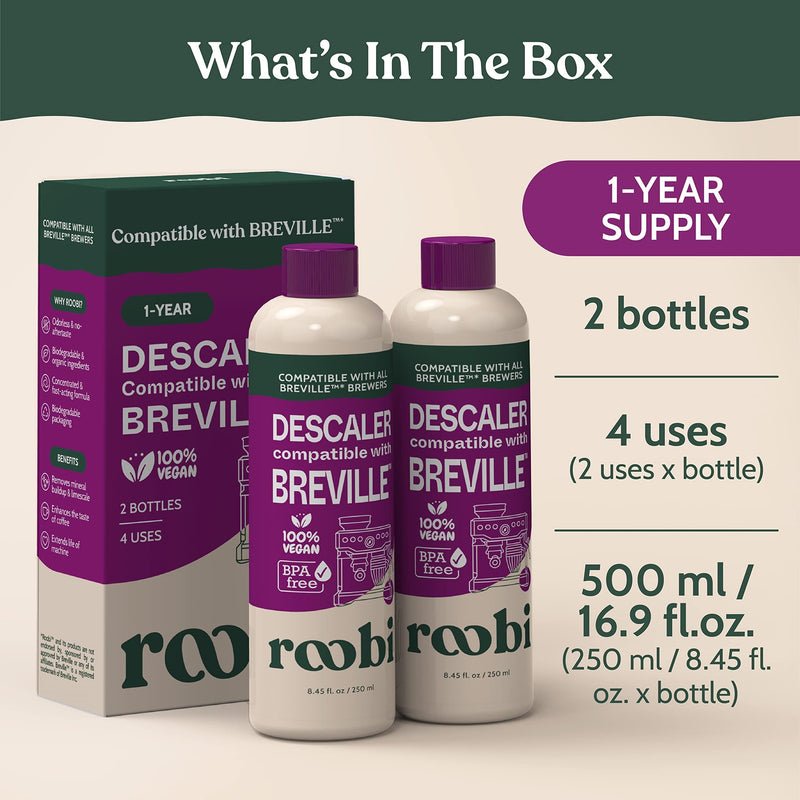 Breville Compatible Descaling Solution. Specially Formulated to Clean & Descale your Breville Espresso Machine. 2 Uses per Bottle, 2 Pack. Eco-Friendly Carbon Neutral Descaler Kit.