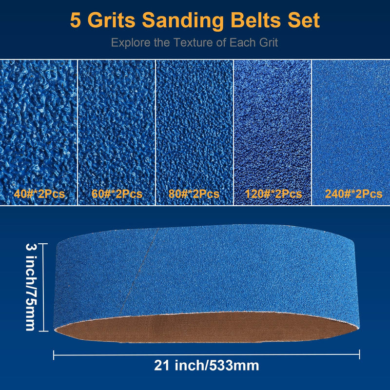 3x21 Inch Sanding Belts, 10 Pack (40, 60, 80, 120, 240 Grit), Zirconia Belt Sander Paper for Metal, Wood, and Plastic 3x21 Inch-10 Pcs