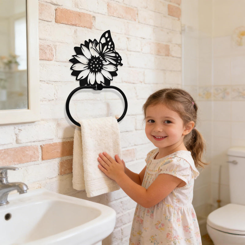 Black Metal Sunflower & Butterfly Wall Mounted Towel Ring, Floral Design Decor Accessories, Artistic Plant Towel Holder Decorative Gift for Kitchen Home Restroom Office Hotel Laundry Room