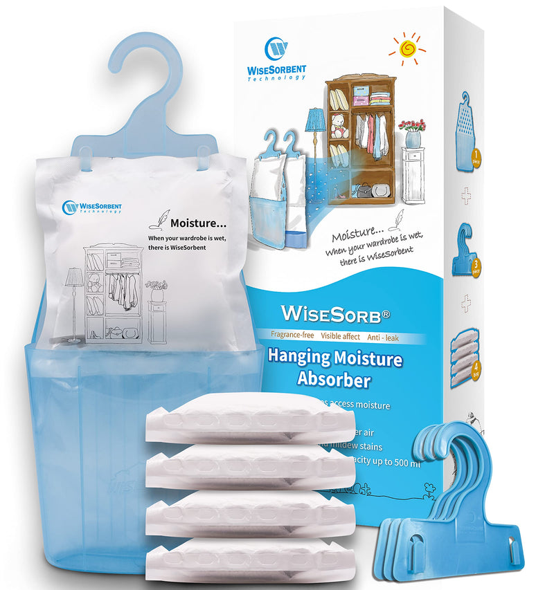 Wisesorb Moisture Absorber Packets with Plastic Case & Hook, Odor Eliminator, Leak Proof, Fragrance Free, Humidity Packs, Hanging Closet Dehumidifier Bags, Moisture Absorber (4 Packs) 1 Count (Pack of 4)