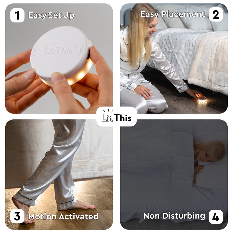 Under Bed Lights Motion Sensor Patented 360° motion activated night light for under bed light. – No Installation, easily positioned, dimmable, auto on/off.