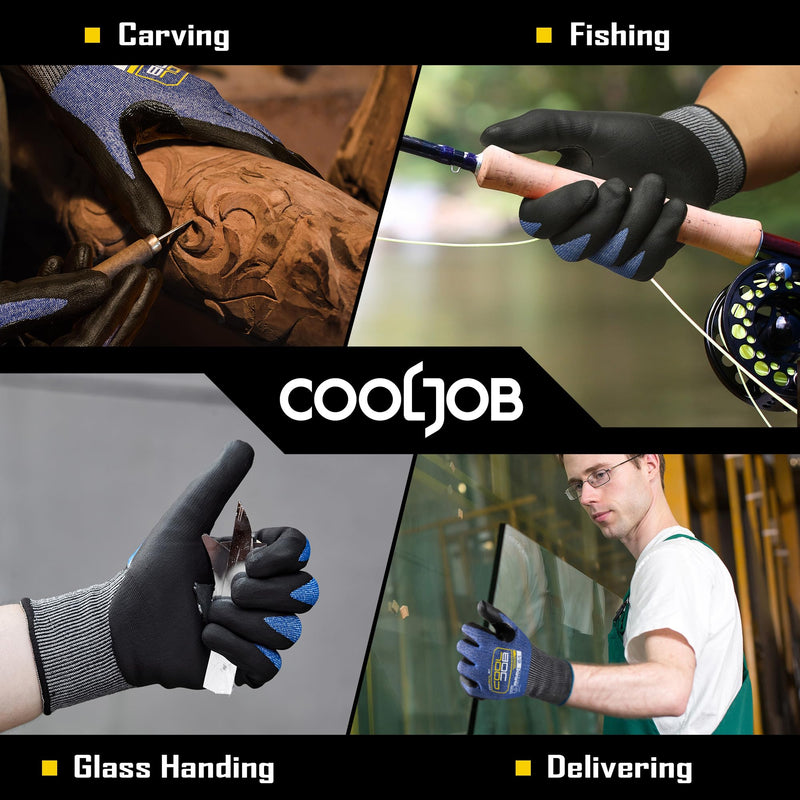 COOLJOB A9 Highest Level Cut Resistant Safety Work Gloves, Reinforced Cut Proof Wood Carving Gloves with Grip, Touchscreen A9 Blue (Pack of 3) Small